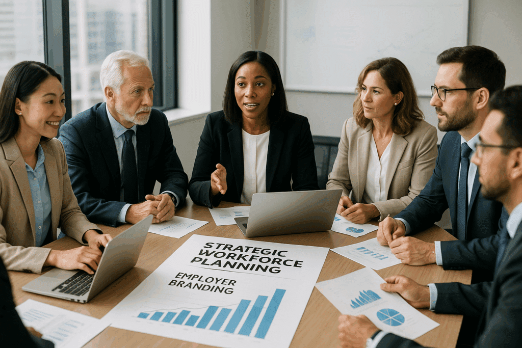 Diverz üzleti csapat employer branding stratégián dolgozik modern tárgyalóban