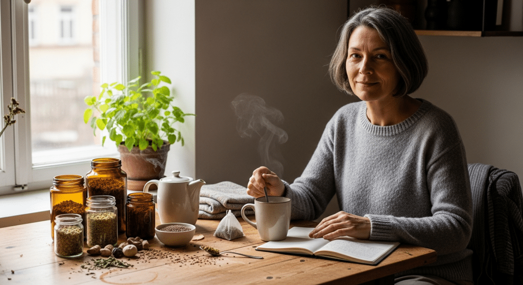 menopauza támogatása gyógynövényekkel: középkorú nő teát kever a konyhában