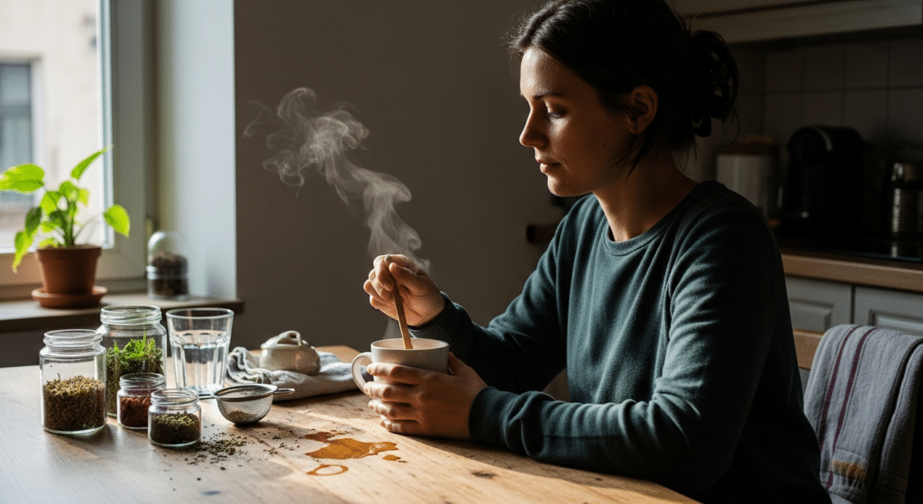 Csendes önápolás teával konyhában, menstruáció idején