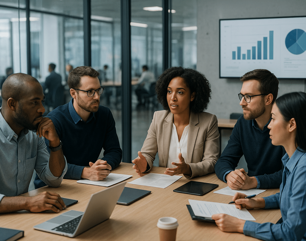 Modern iroda, változatos szakemberek tárgyalnak munkaerő hiány kezelése témában.