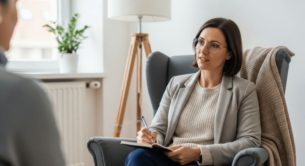 pszichológus a második kerületben ül egy kényelmes, bizalmas terápiás térben