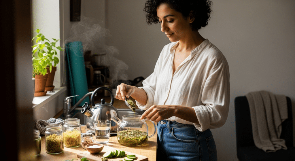 Nő gyógynövényteát készít a szelesség miatti önápolásként