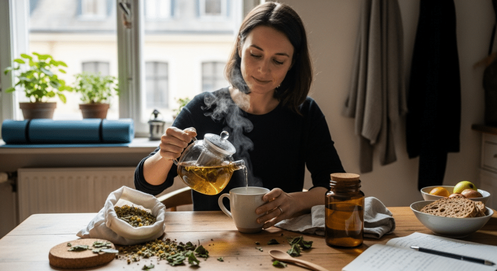 Nő önti gyógynövényteát reggeli rutinban túlzott ösztrogéntermelés támogatására