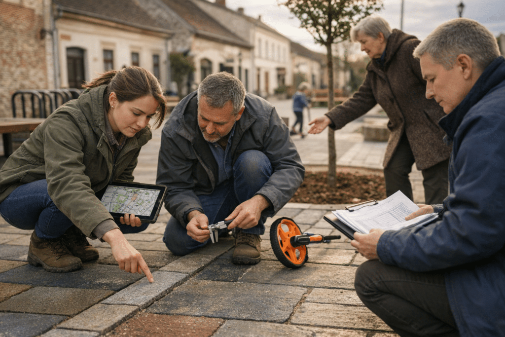 városfejlesztési monitoring terepi csapat felújított kisvárosi téren