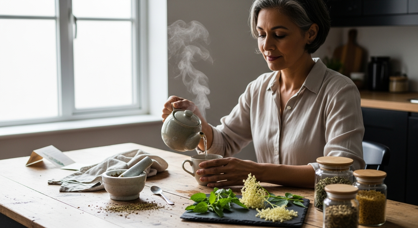fitoterápia menopauza idején: ötvenes nő gyógynövényteát készít asztalnál