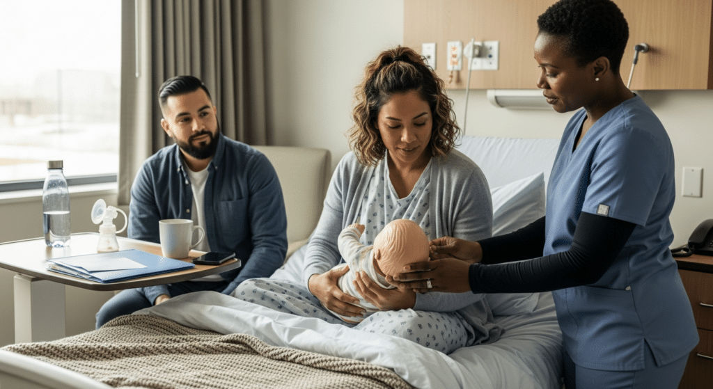 interakció anya és gyermek császármetszés után: bőr‑a‑bőr gyakorlás felügyelettel