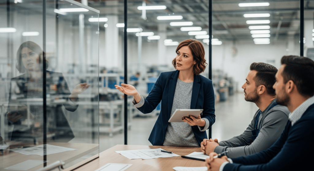 munkaerőpiaci versenyképesség: HR vezető és művezető megbeszélése gyárban