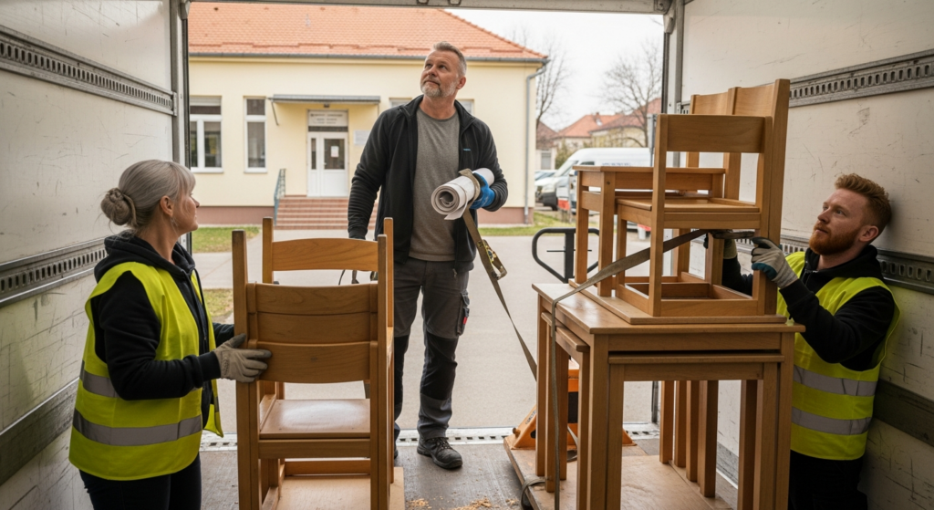 Sofőr és csapat bútorok kiszállítása iskolába, rakodás közben