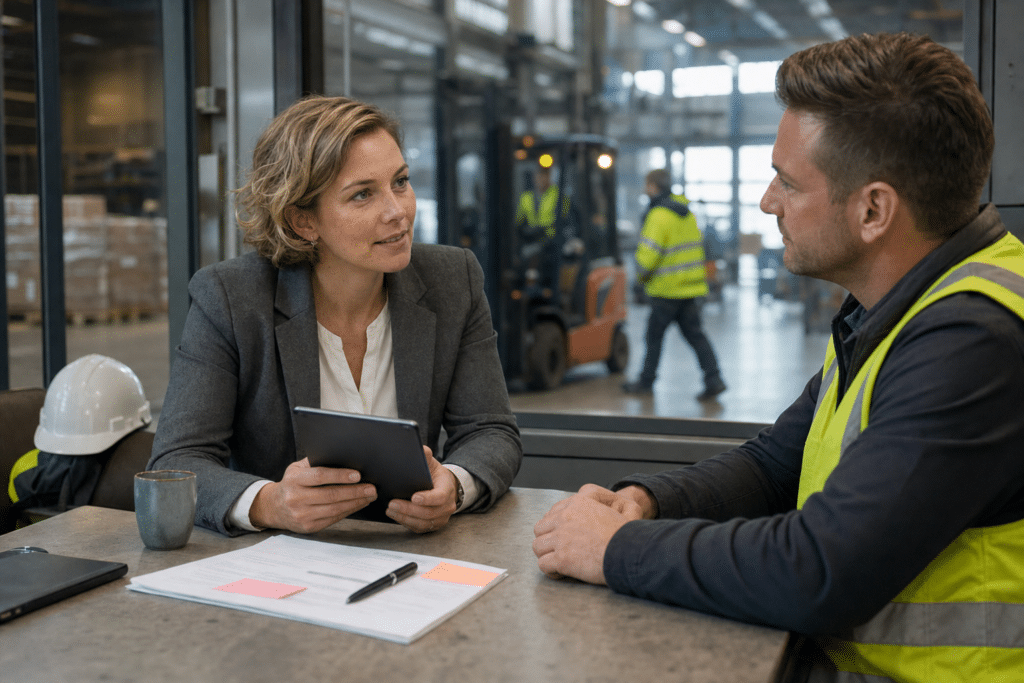 Jobtain munkaerő-kölcsönző személyes toborzási megbeszélés logisztikai raktár mellett
